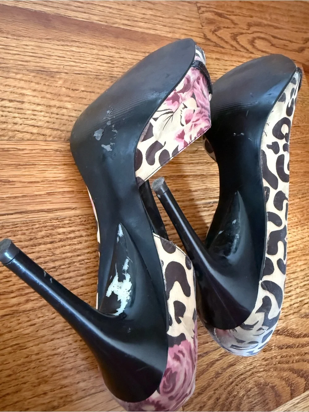Carlos Santana Leopard Print Open-Toe Pumps with Pink Rose Accent